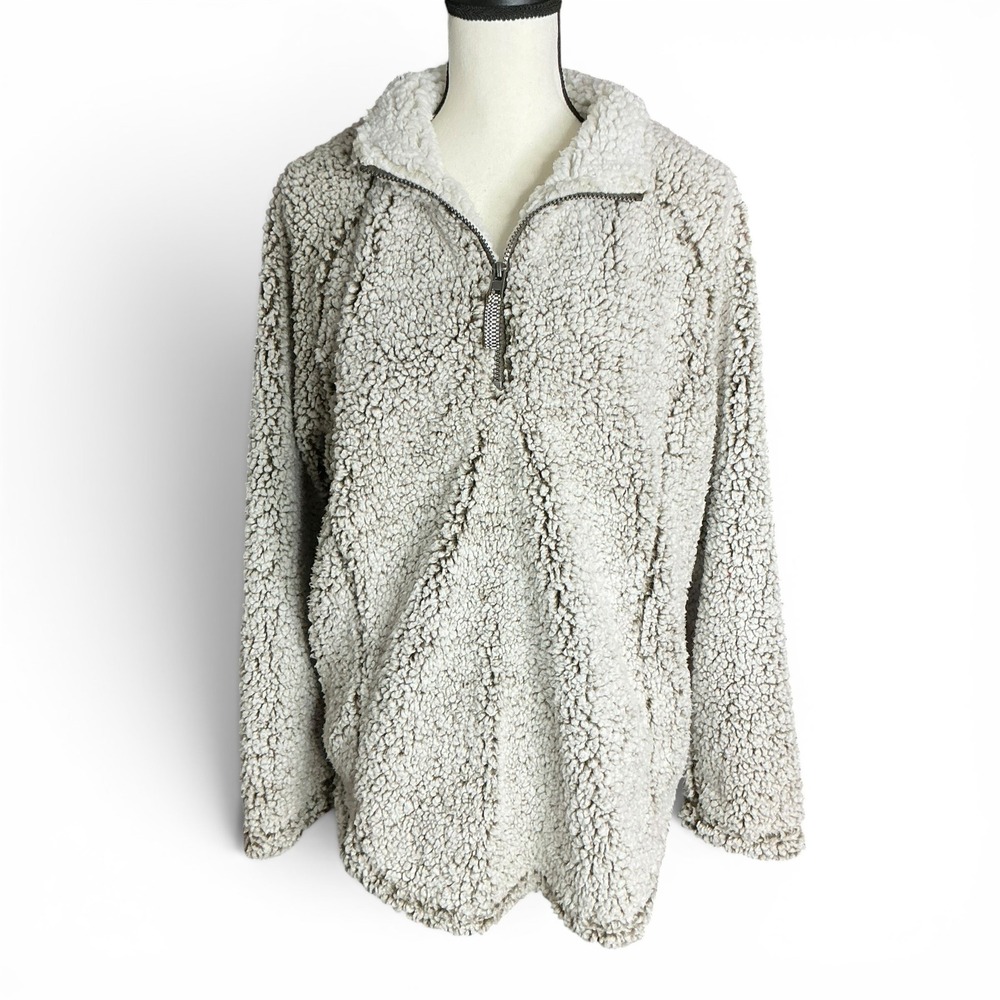 Cozy Sherpa Brown Ivory Pullover Women Size XL Quarter Zip Fuzzy Fleece FW10107